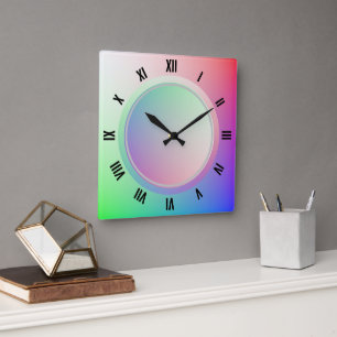 Modern Roman Numerals and Fun Pastel Rainbow Disc Square Wall Clock