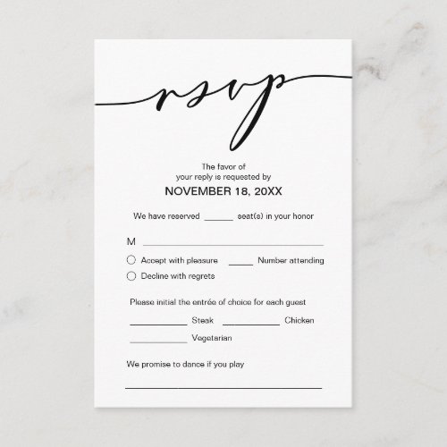 Modern Romance Black Script Wedding Dinner RSVP Enclosure Card