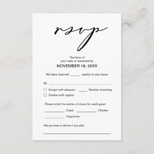 Modern Romance Black Script Wedding Dinner RSVP Enclosure Card