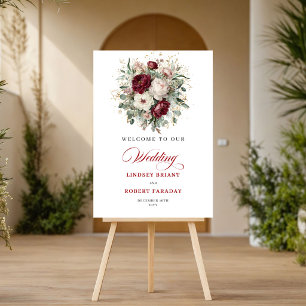 Modern Romance Burgundy Floral Gold Welcome Poster