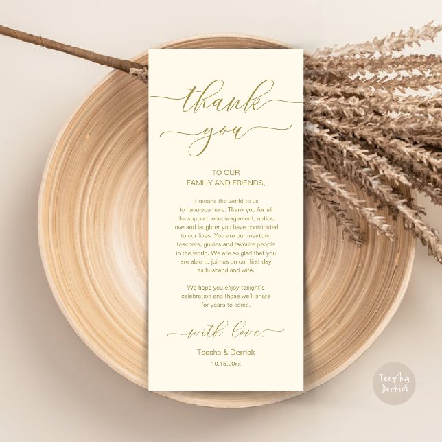 Modern Romance Dinner Place Setting Thank You Card (Wedding Dinner Place Setting Thank You Card, Modern Minimalist, in Retro Yellow Gold)