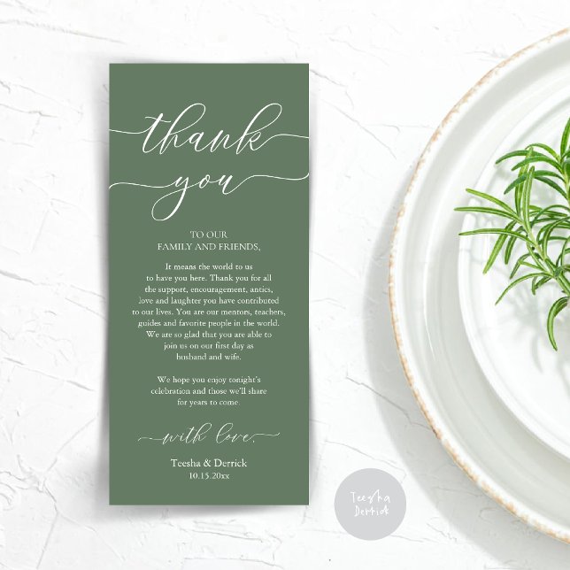Modern Romance Dinner Place Setting Thank You Card (Wedding Dinner Place Setting Thank You Card, Plate Decoration, Modern Script, in Sage Green)