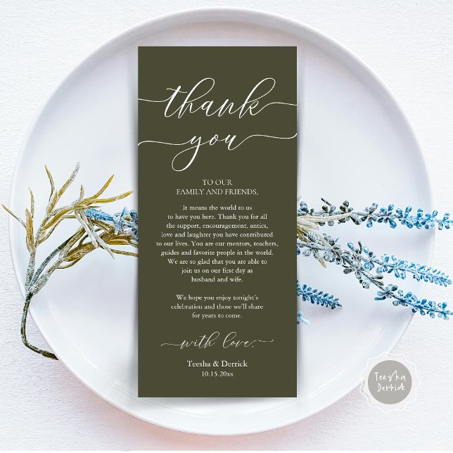 Modern Romance Dinner Place Setting Thank You Card (Wedding Dinner Place Setting Thank You Card, Plate Decoration, Modern Script, in Olive Green)