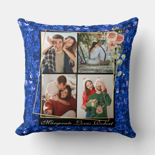 Modern Romantic 4 Photos blue Glitter Valentine's Throw Pillow (Front)