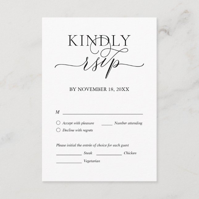 Modern Romantic, Black Script, Wedding Dinner RSVP Enclosure Card (Front)