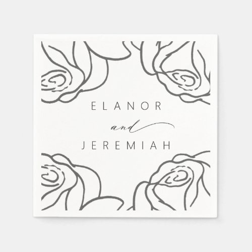 Modern Romantic Black White Floral Wedding Napkins