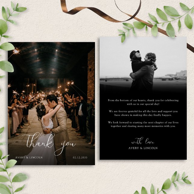 Modern Romantic Black & White Photo Script Wedding Thank You Card (Creator Uploaded)