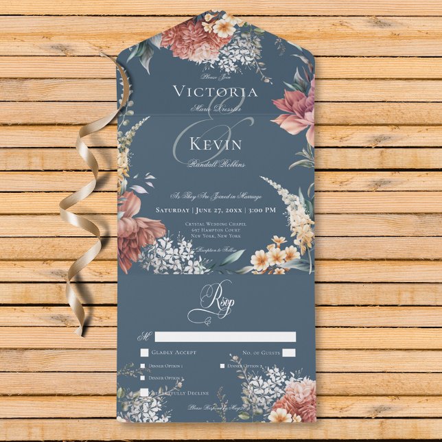 Modern Romantic Blue Garden Floral Dinner All In One Invitation (Modern Romantic Blue Garden Floral Dinner All In One Invitation)