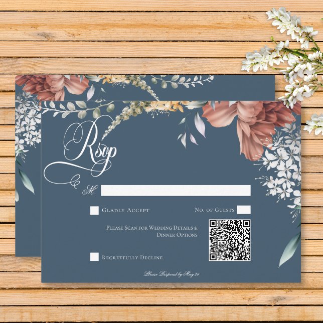 Modern Romantic Blue Garden Floral Wedding QR Code RSVP Card (Modern Romantic Blue Garden Floral Wedding Response Card with QR Code)