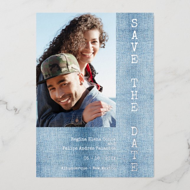 Modern Romantic Blue Jean Engaged Couple Photo Foil Invitation (Front)
