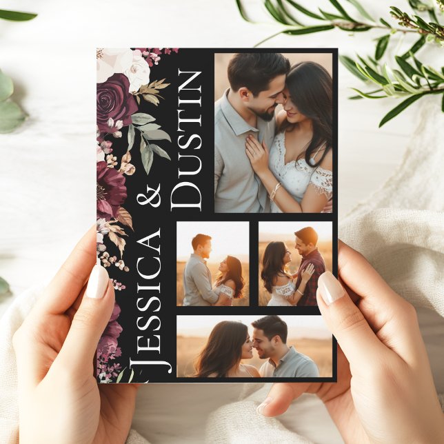 Modern Romantic Burgundy Floral Photo Wedding Invitation (Modern Burgundy Pink Floral Photo Collage Wedding Invitation)