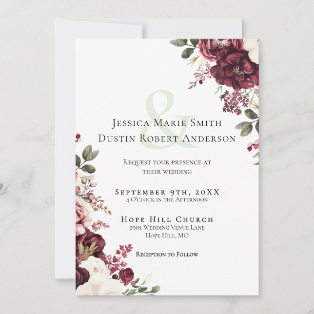 Modern Romantic Burgundy Floral Photo Wedding Invitation (Front)
