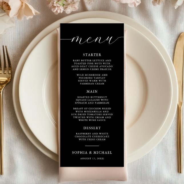 Modern Romantic Calligraphy Black Wedding Menu (Creator Uploaded)