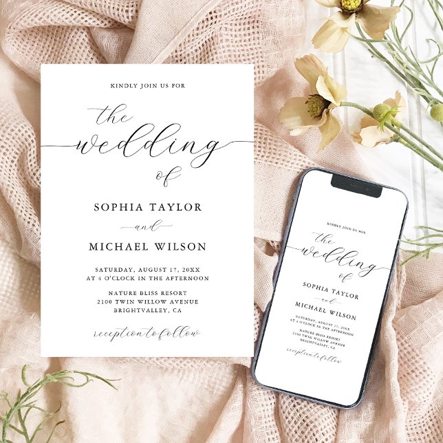 Modern Romantic Calligraphy Black & White Wedding Invitation (Creator Uploaded)