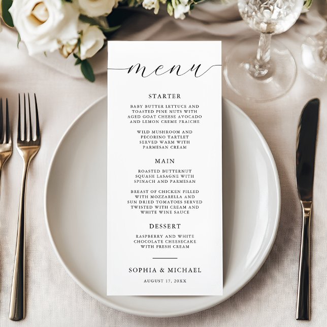 Modern Romantic Calligraphy Black & White Wedding Menu (Creator Uploaded)