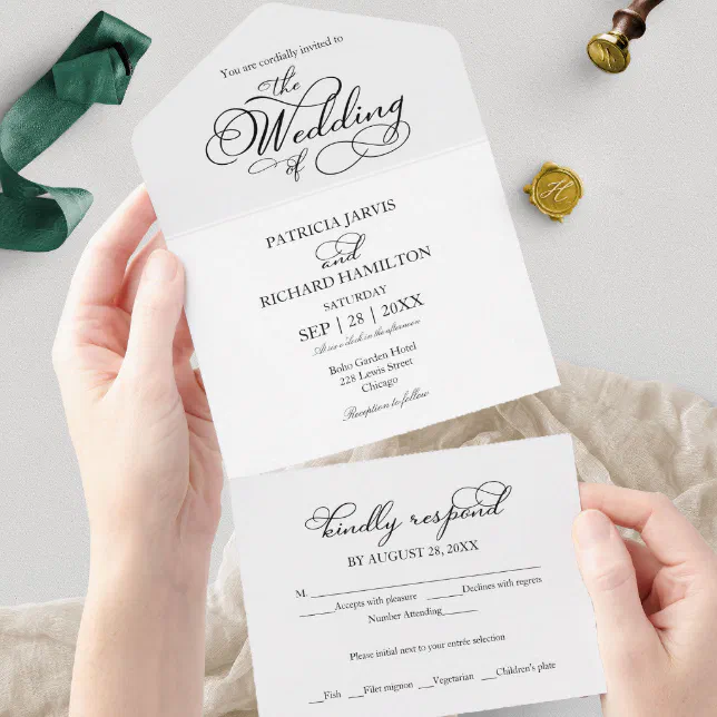 Modern Romantic Calligraphy Wedding All In One Invitation 