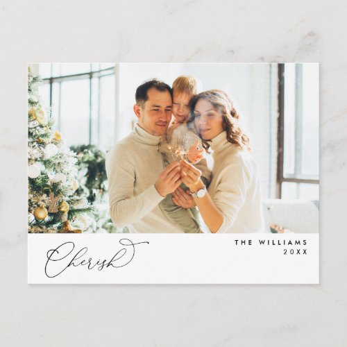 Modern Romantic Cherish Christmas Family Photo Postcard