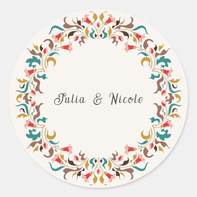Modern Romantic Elegant Floral Wreath Wedding Classic Round Sticker (Front)