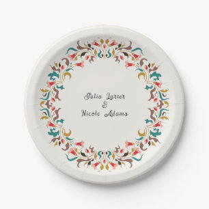 Modern Romantic Elegant Floral Wreath Wedding Paper Plates