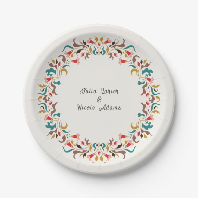 Modern Romantic Elegant Floral Wreath Wedding Paper Plates (Front)