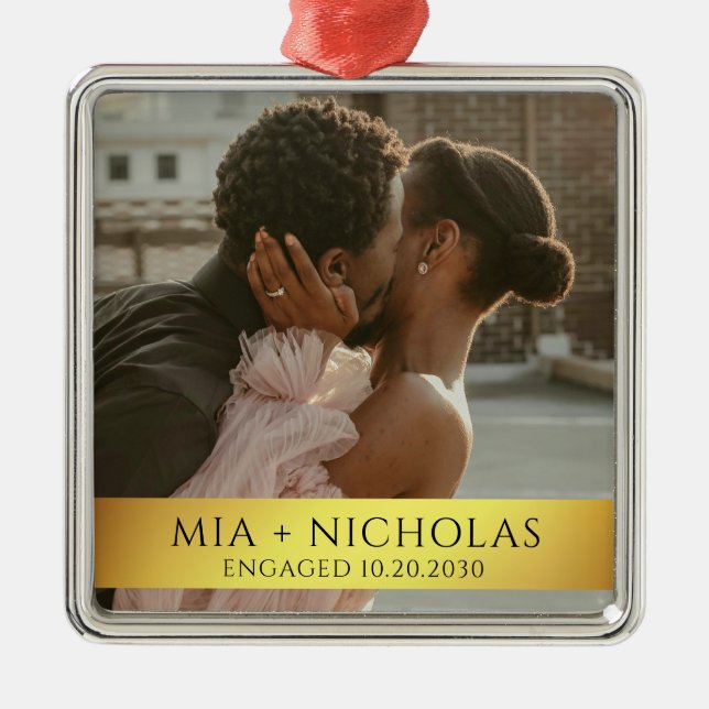 Modern Romantic Engagement Photo Metal Ornament (Front)