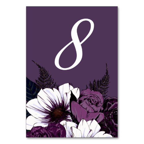 Modern Romantic Floral Dark Purple Wedding Table Number