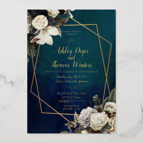Modern Romantic Floral Gold Wreath Wedding Foil In Foil Invitation