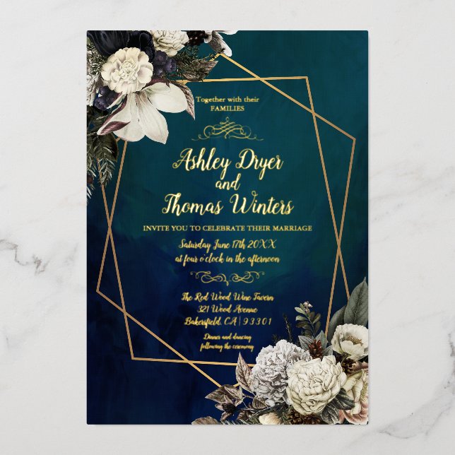 Modern Romantic Floral Gold Wreath Wedding Foil In Invitation (Front)