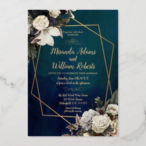 Modern Romantic Floral Gold Wreath Wedding Foil Invitation