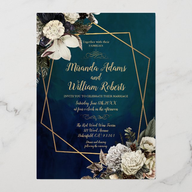 Modern Romantic Floral Gold Wreath Wedding Foil Invitation (Front)