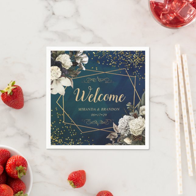 Modern Romantic Floral Gold Wreath Wedding Napkins (Insitu)