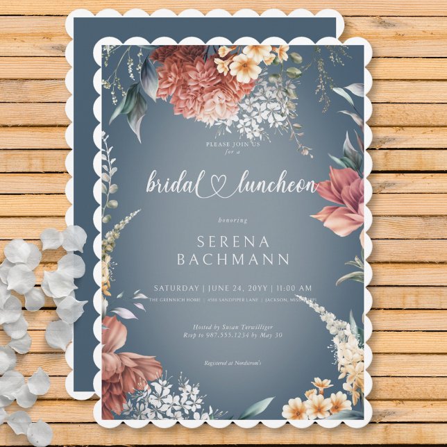 Modern Romantic Garden Floral Blue Bridal Luncheon Invitation (Modern Romantic Garden Floral Blue Bridal Luncheon Invitation)