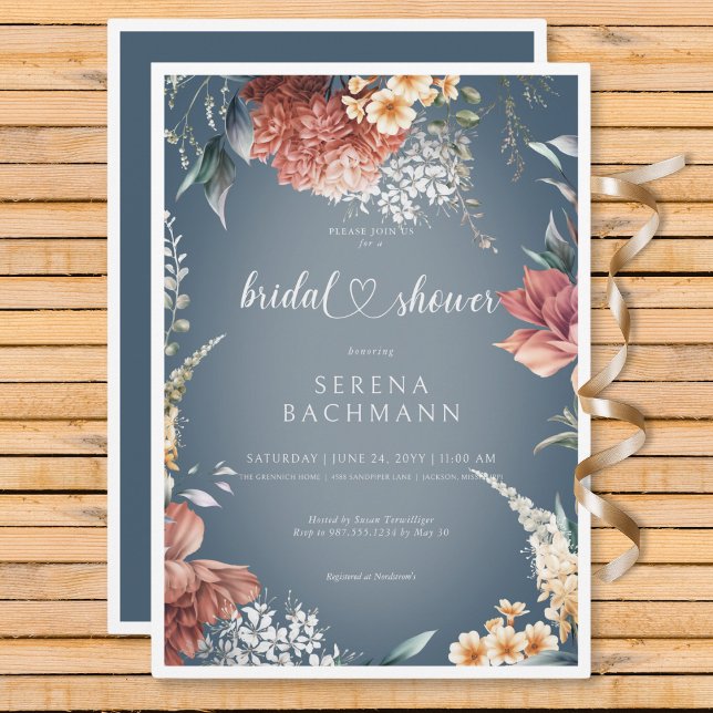 Modern Romantic Garden Floral Blue Bridal Shower Invitation (Modern Romantic Garden Floral Bridal Shower Invitation)