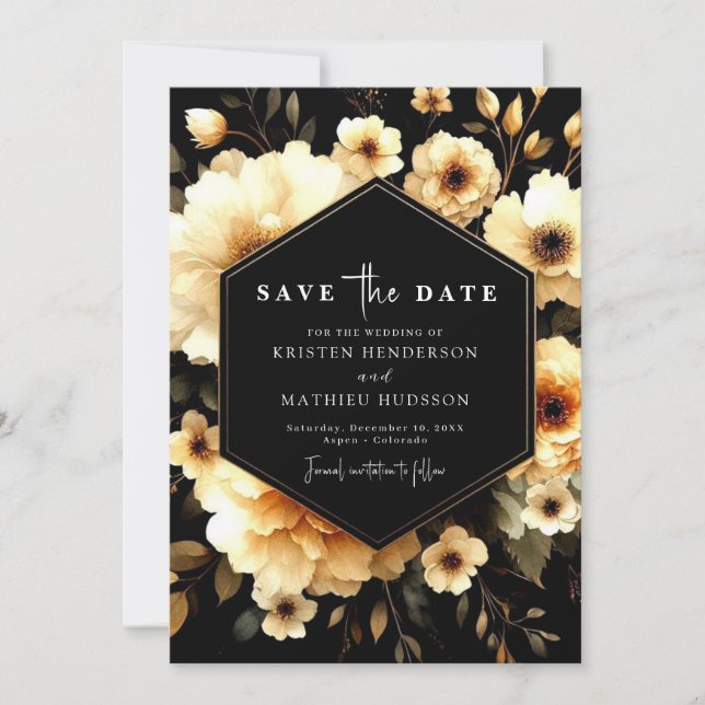 Modern Romantic Gold and Black Wedding Save The Date (Front)