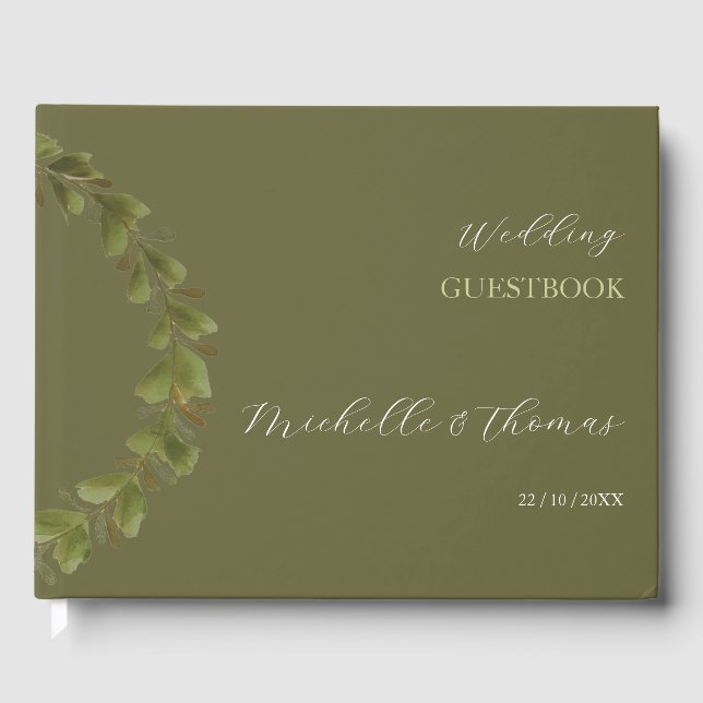 Modern Romantic Green Wreath Watercolor Art Guest Book (Front)