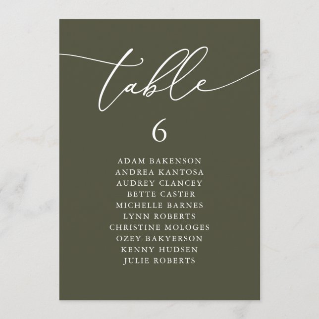 Modern Romantic Guests Seating Chart Table Card (Front)