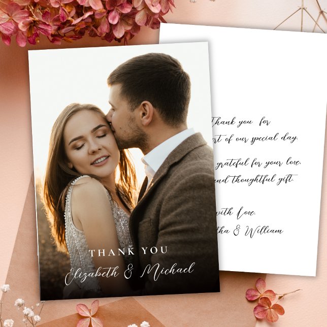 Modern Romantic Handwritten Script Photo Wedding Thank You Card (Creator Uploaded)