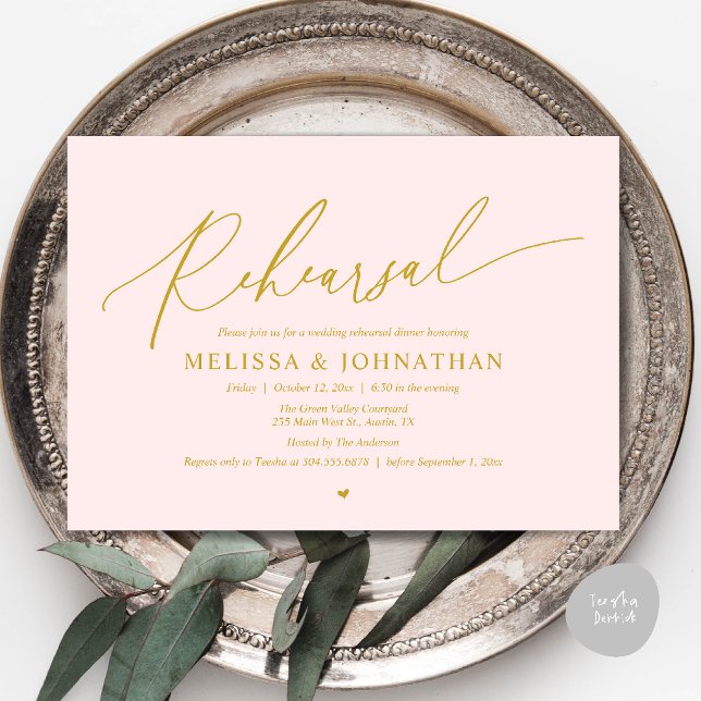 Modern Romantic Intimate Wedding Rehearsal Dinner  Invitation (Modern Romantic Intimate Wedding Rehearsal Dinner Invitation Card in Gold Blush)