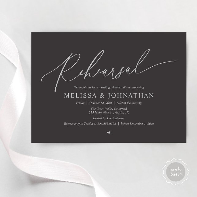 Modern Romantic Intimate Wedding Rehearsal Dinner  Invitation (Modern Romantic Intimate Wedding Rehearsal Dinner Invitation Card in Charcoal SIlver)