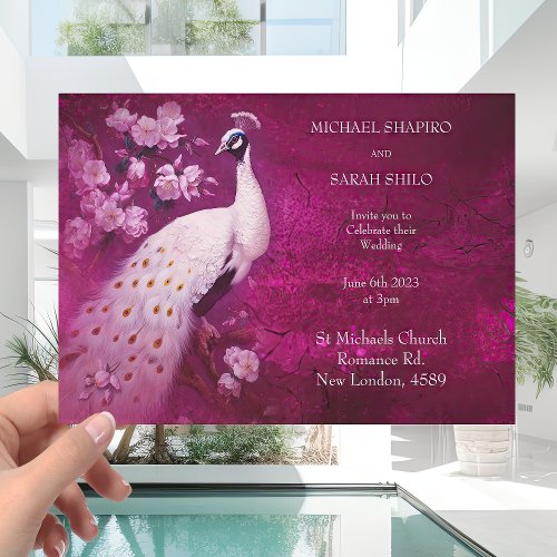 Modern Romantic Magenta and White Peacock Wedding Invitation