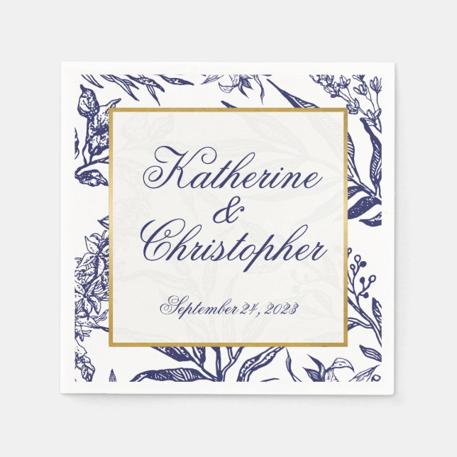 Modern Romantic Navy Blue Gold Botanical Wedding Napkins (Front)