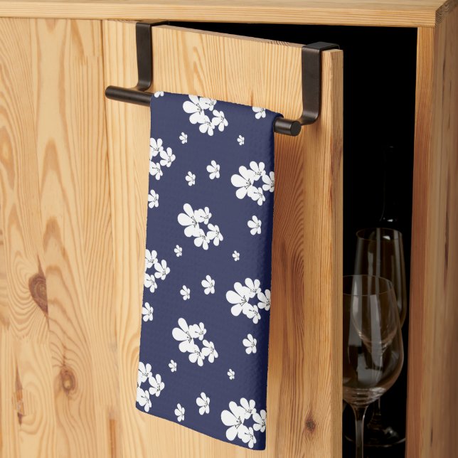 Modern romantic navy blue pattern white flowers kitchen towel (Thirds Fold)
