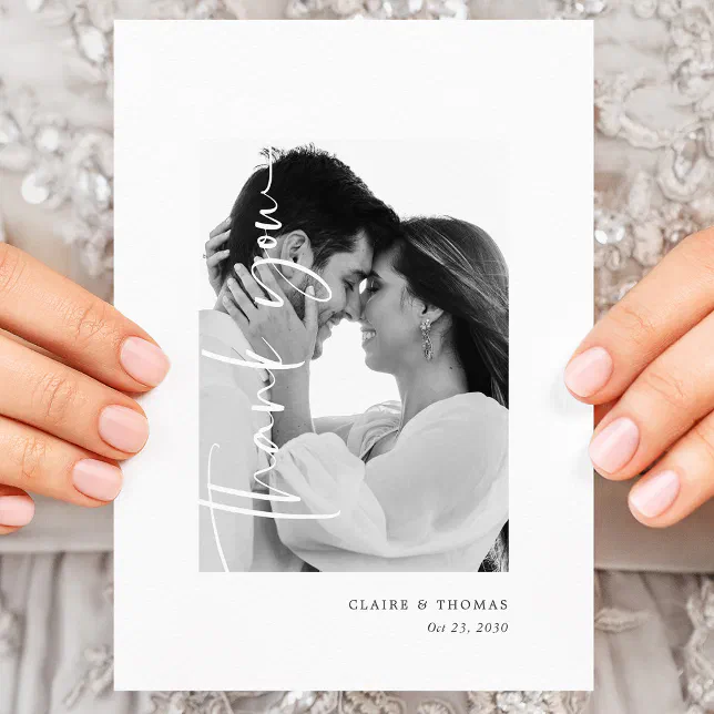 Modern Romantic Photo | Simple Script Wedding Thank You Card | Zazzle
