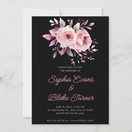 Modern Romantic Pink Roses Black Wedding Invitation