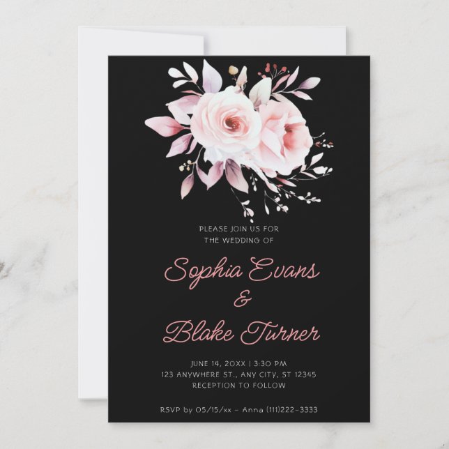 Modern Romantic Pink Roses Black Wedding Invitation (Front)