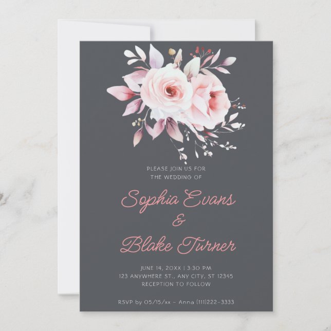 Modern Romantic Pink Roses Graphite Gray Wedding Invitation (Front)