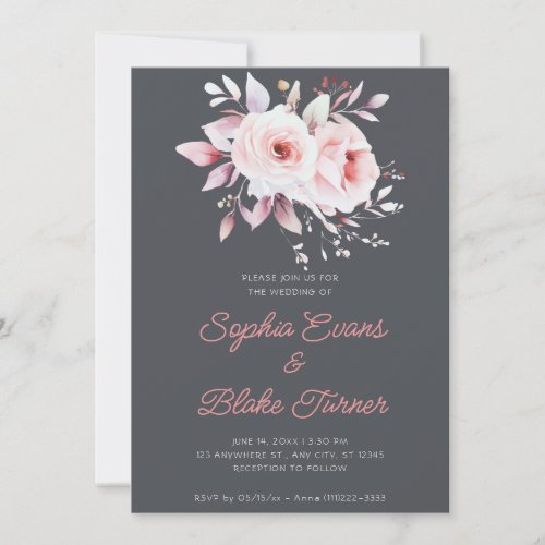 Modern Romantic Pink Roses Graphite Gray Wedding Invitation