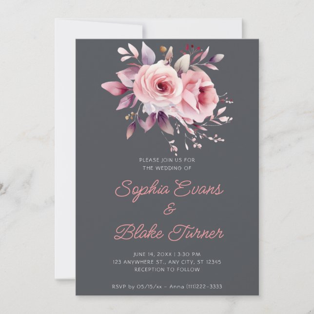 Modern Romantic Pink Roses Graphite Gray Wedding Invitation (Front)