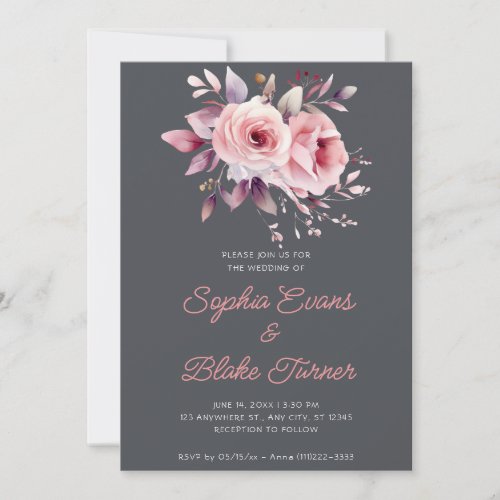 Modern Romantic Pink Roses Graphite Gray Wedding Invitation
