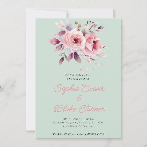 Modern Romantic Pink Roses Light Green Wedding Invitation